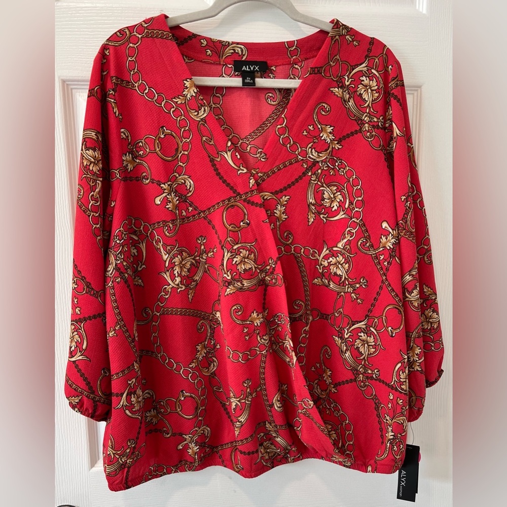 NWT Alyx Woman 2X Pullover Red Link/Floral Print V-Faux Wrap Top Long Sleeve